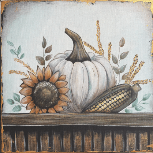 Greg Copy of Fall Harvest Pumpkin (500 x 500 px) Snowman painting on canvas from the ReMARKable Paint Party winter class in Bakersfield taught by artist Susan Anspach
