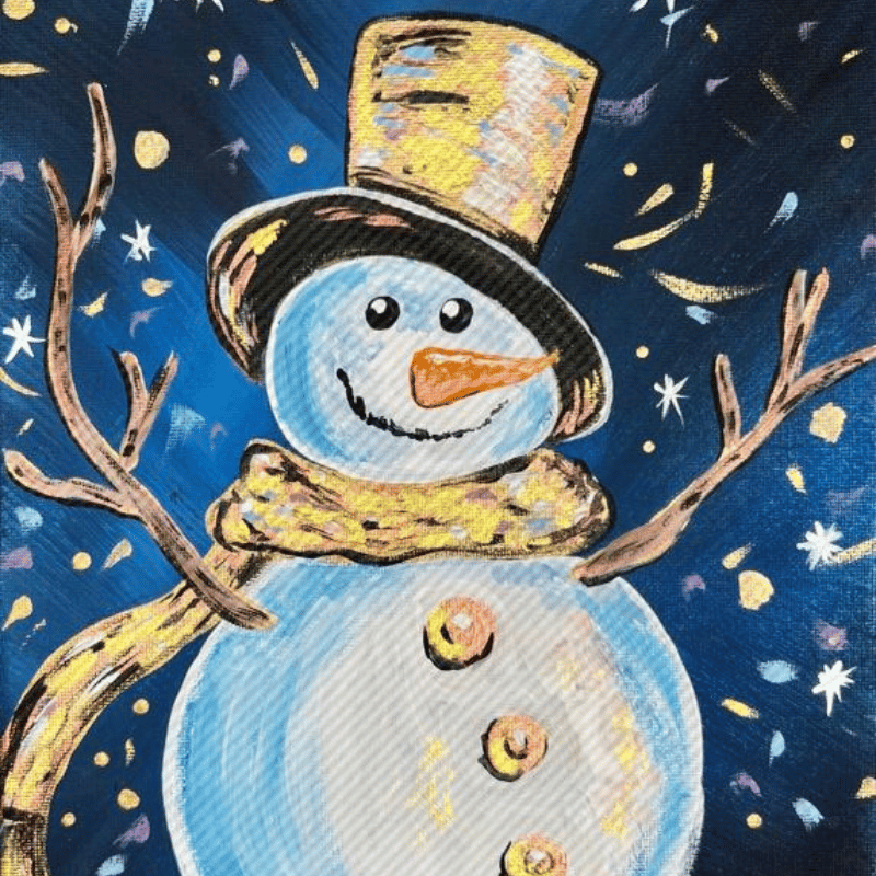 ReMARKable Paint Party Snowman Class — Acrylic Winter Painting with Susan Anspach Snowman painting on canvas from the ReMARKable Paint Party winter class in Bakersfield taught by artist Susan Anspach