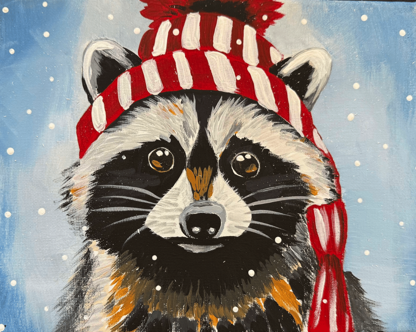 Winter Racoon Paint Party Bakersfield painting by Susan Anspach