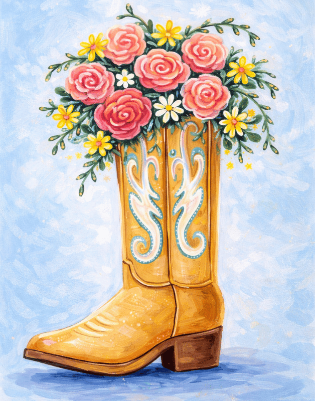 Boot Scootin’ Floral Paint Party Bakersfield golden western boot with flowers on 11x14 canvas by ReMARKable Paint Party
