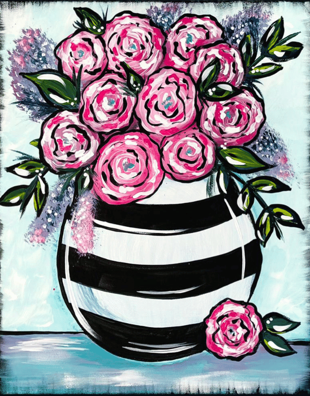 Spring Floral Artist’s Color Choice Paint Party in Bakersfield with ReMARKable Paint Party by Susan Anspach pastel pink roses in striped vase