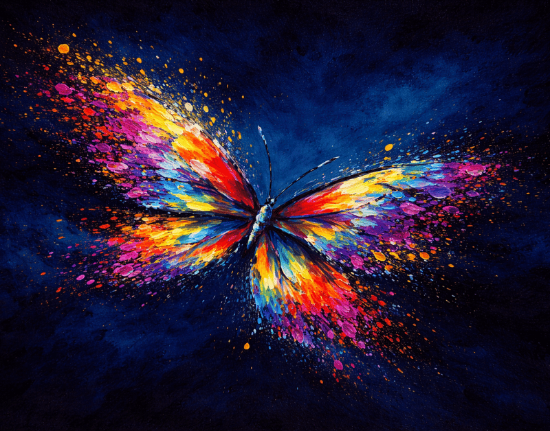 Butterfly Abstract painting featuring a vibrant multicolor butterfly on a dark background at a ReMARKable Paint Party in Bakersfield