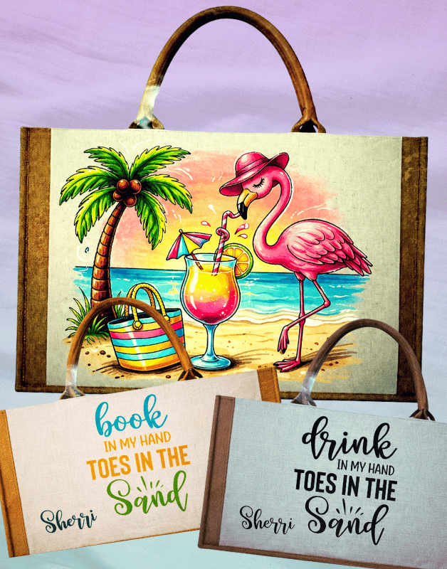 Flamingo Beach Tote painting featuring a tropical flamingo, palm tree, and cocktail at a ReMARKable Paint Party in Bakersfield