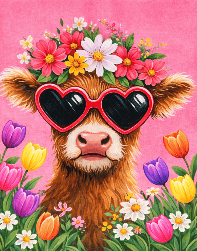 Floral Crown Cow painting featuring a highland cow with heart sunglasses and spring flowers at a ReMARKable Paint Party in Bakersfield