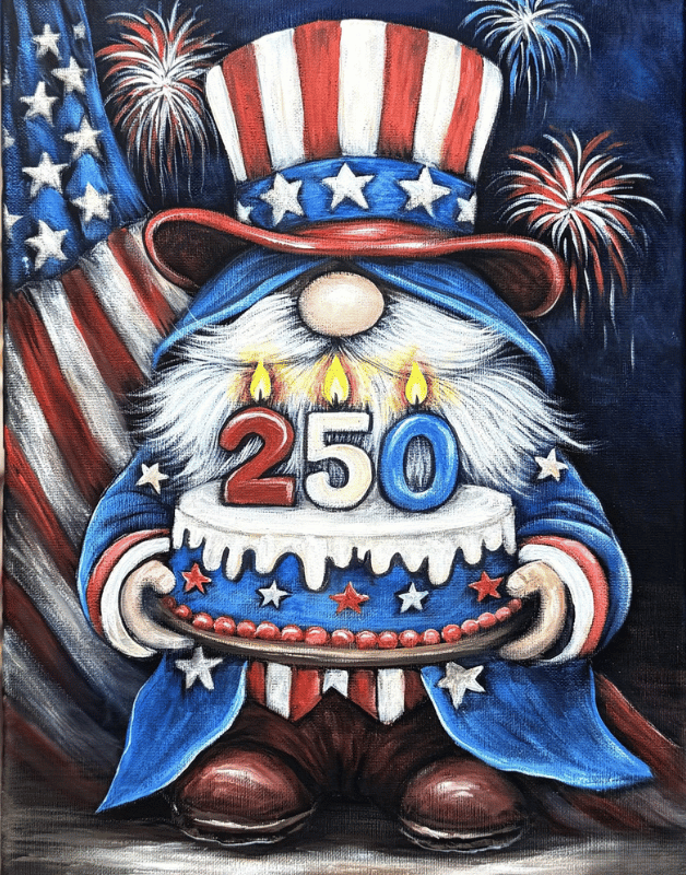 America 250 Gnome painting featuring a patriotic gnome with fireworks and American flag at a ReMARKable Paint Party in Bakersfield