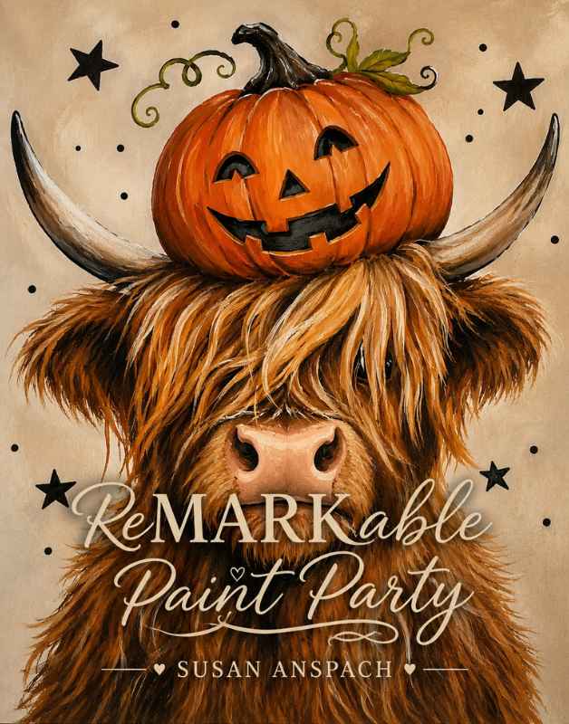 Pumpkinhead Highlander Paint Party Bakersfield painting featuring a Highland cow wearing a jack-o’-lantern pumpkin