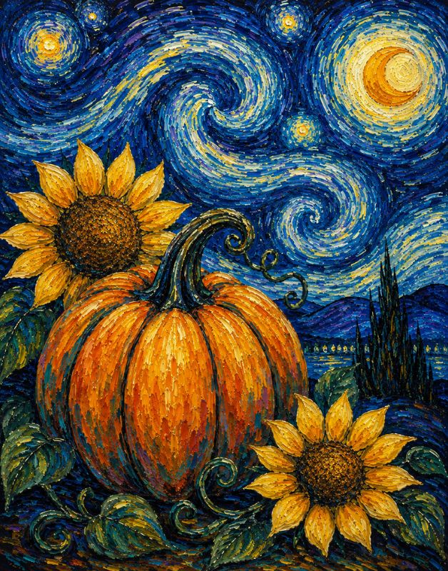 Starry Night Pumpkin Paint Party Bakersfield painting with pumpkin, sunflowers, and Van Gogh-inspired night sky
