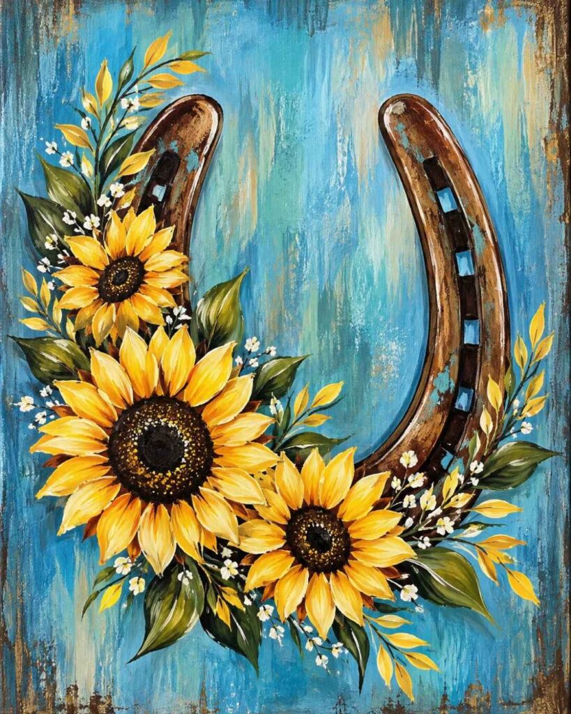Sunshine and Good Luck Paint Party Bakersfield painting featuring a horseshoe with yellow sunflowers